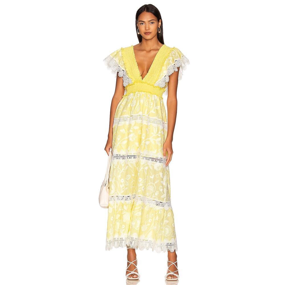 WAIMARI Dulce Mara Tiered Lace Panel Cotton Dress In Yellow Size M NWT